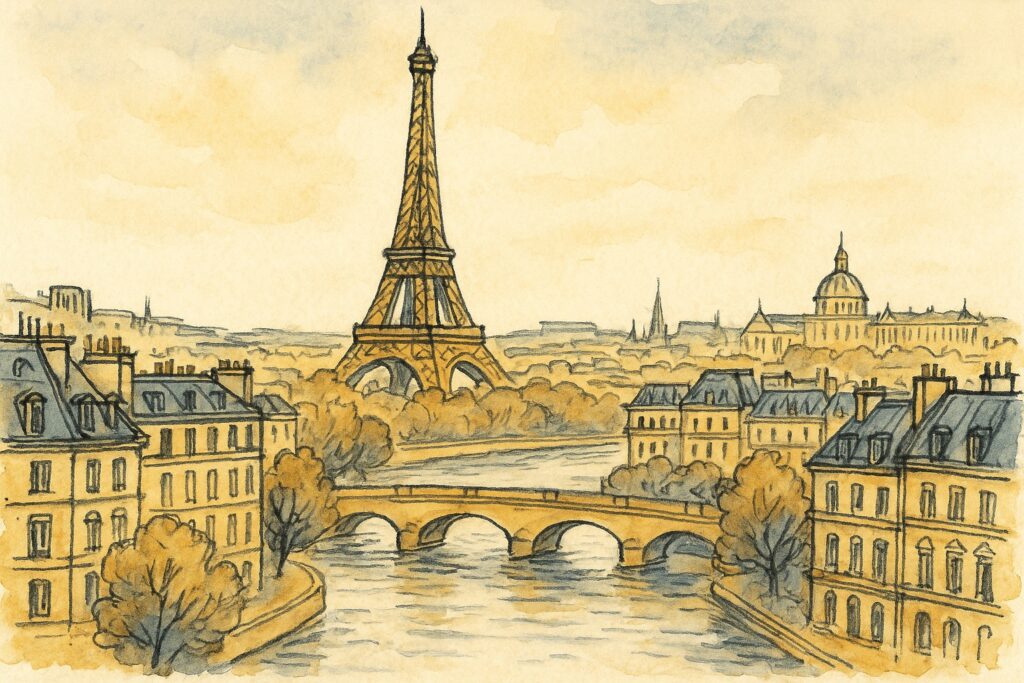 Handgezeichnete Illustration des Eiffelturms und der Pariser Skyline an der Seine