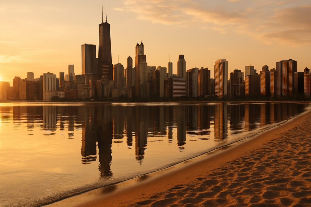 Die Skyline von Chicago mit dem Willis Tower spiegelt sich bei Sonnenuntergang im Lake Michigan