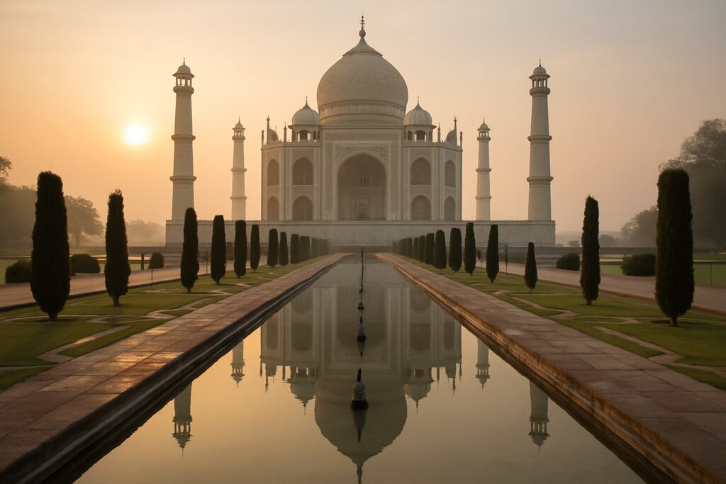 Das Taj Mahal in Agra spiegelt sich bei Sonnenaufgang im Wasserbecken des Gartens, Indien
