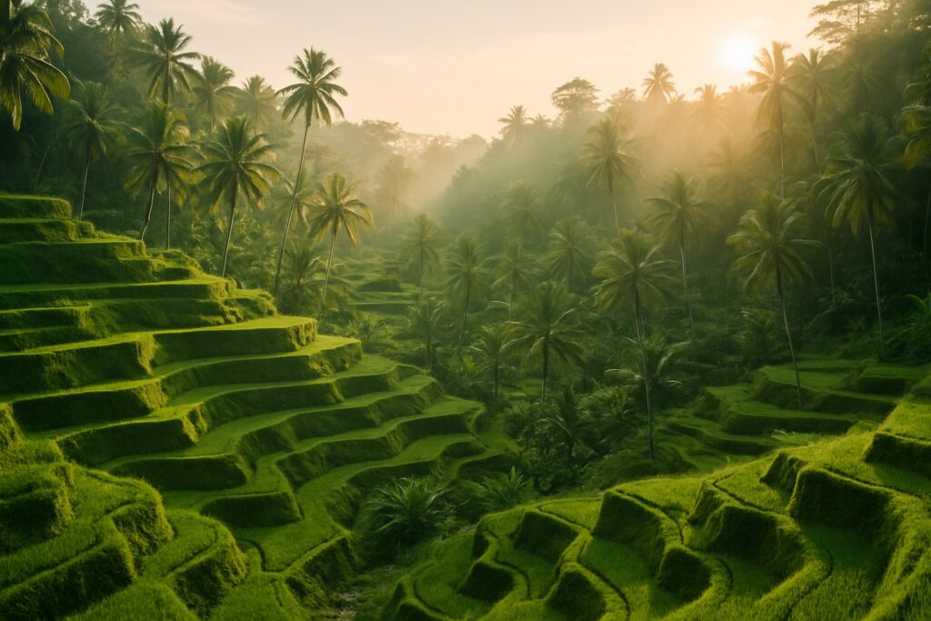 Die grünen Reisterrassen von Tegalalang auf Bali, Indonesien, mit Palmen im warmen Morgenlicht