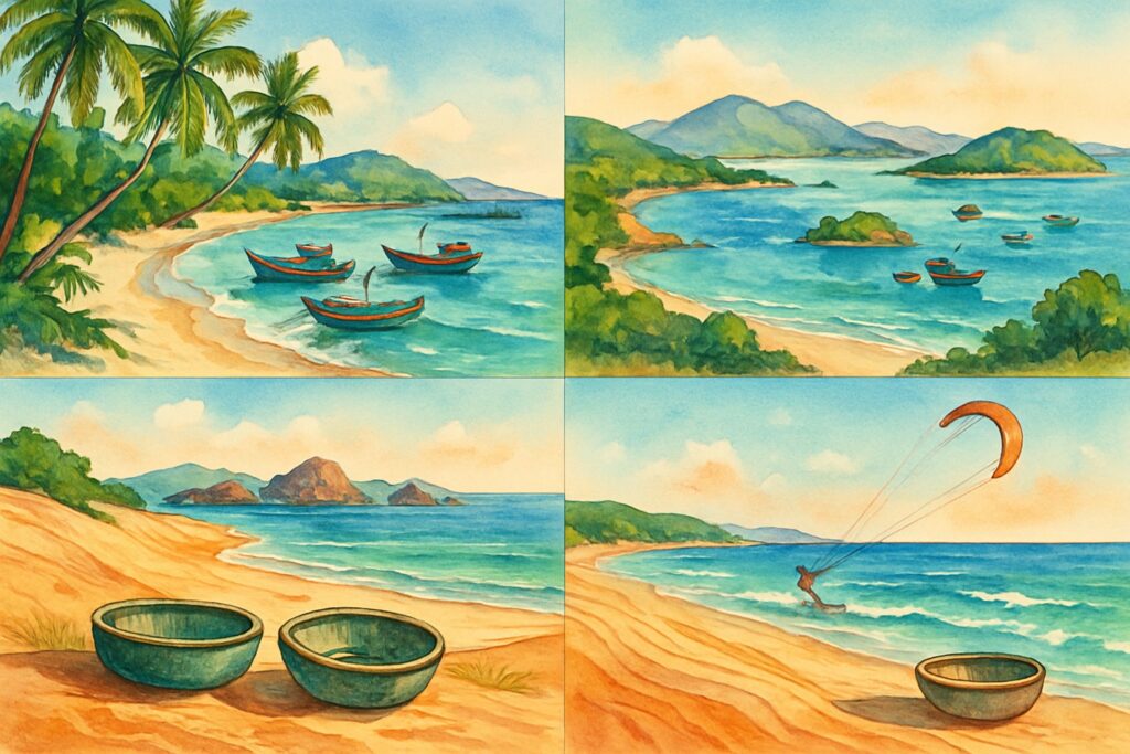 Illustration der Südküste Vietnams mit den palmengesäumten weißen Sandstränden und dem türkisen Wasser der Insel Phu Quoc, der weiten Bucht von Nha Trang mit vorgelagerten Inseln und den roten und weißen Sanddünen von Mui Ne mit runden Korbbooten und einem Kitesurfer, Vietnam