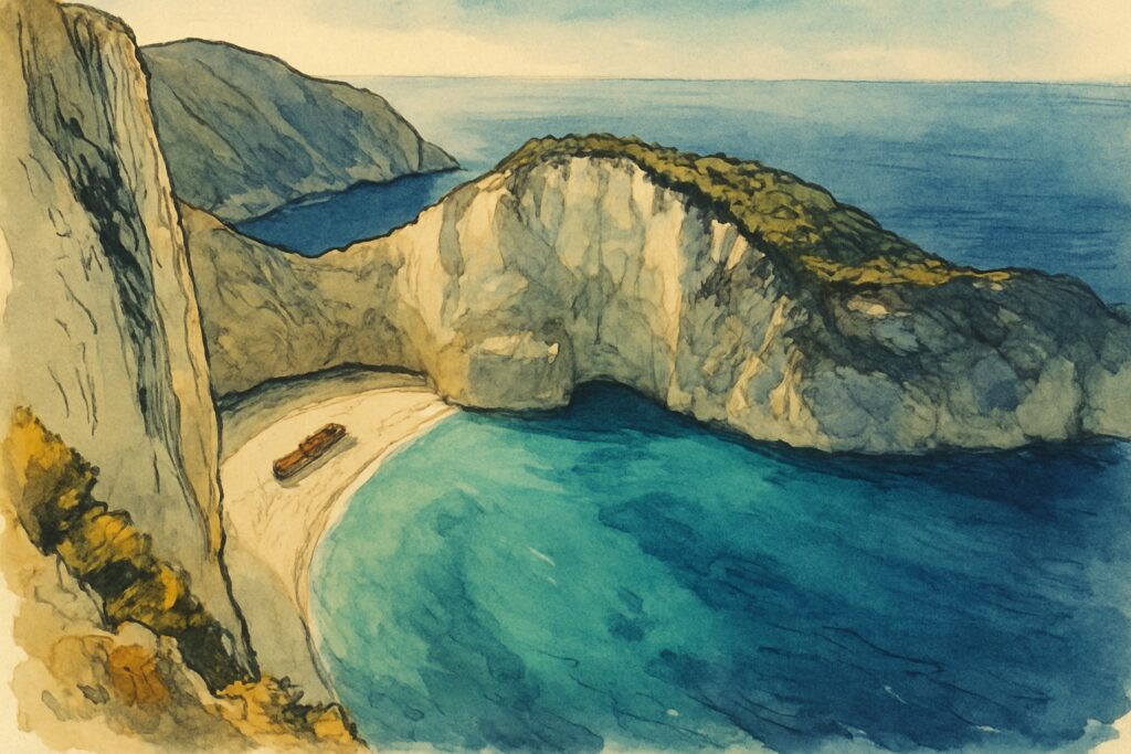 Illustration der Ionischen Inseln mit der venezianischen Altstadt von Korfu, der Schiffswrackbucht Navagio auf Zakynthos und dem Myrtos-Strand von Kefalonia
