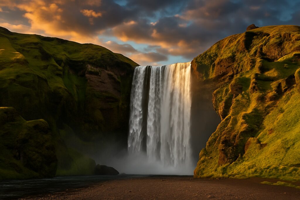 Wasserfall Skógafoss über Basaltklippen, Island