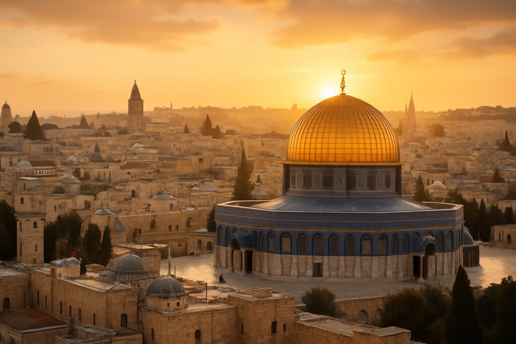 Der goldene Felsendom und die Altstadt von Jerusalem, Israel, im warmen Licht des Sonnenuntergangs über den honigfarbenen Steinmauern