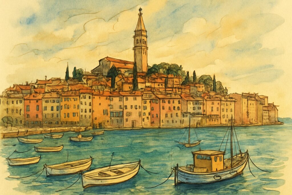 Illustration von Istrien mit dem Hafen und der Kirche der Hl. Euphemia von Rovinj, dem römischen Amphitheater von Pula und dem Hügeldorf Motovun