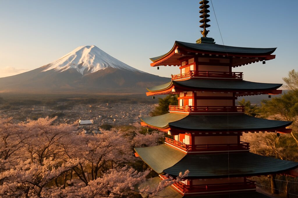 Berg Fuji mit roter Pagode und Kirschblüten, Japan