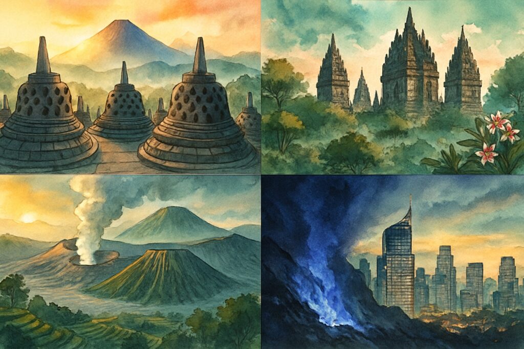 Illustration von Java mit dem buddhistischen Stupa-Tempel Borobudur im Morgenlicht mit Vulkanen im Hintergrund, den hohen Hindu-Türmen von Prambanan, dem rauchenden Vulkan Bromo in einem Sandmeer, dem blauen Schwefelfeuer des Ijen-Kraters, den Teeplantagen von Bandung und der Skyline von Jakarta, Indonesien