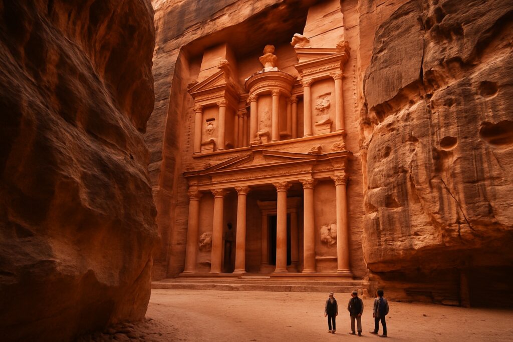 Die rosarote, in den Fels gehauene Fassade des Schatzhauses (Al-Khazneh) von Petra, Jordanien, im warmen Sonnenlicht am Ende der Schlucht Siq