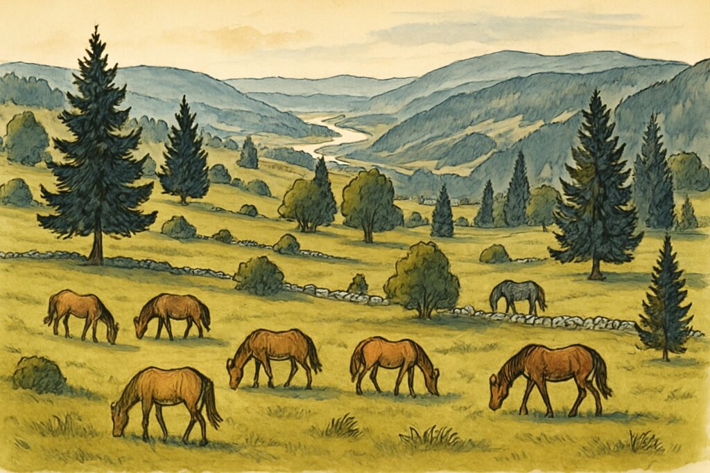 Illustration der Freiberge im Kanton Jura mit weidenden Pferden und Jurahöhen