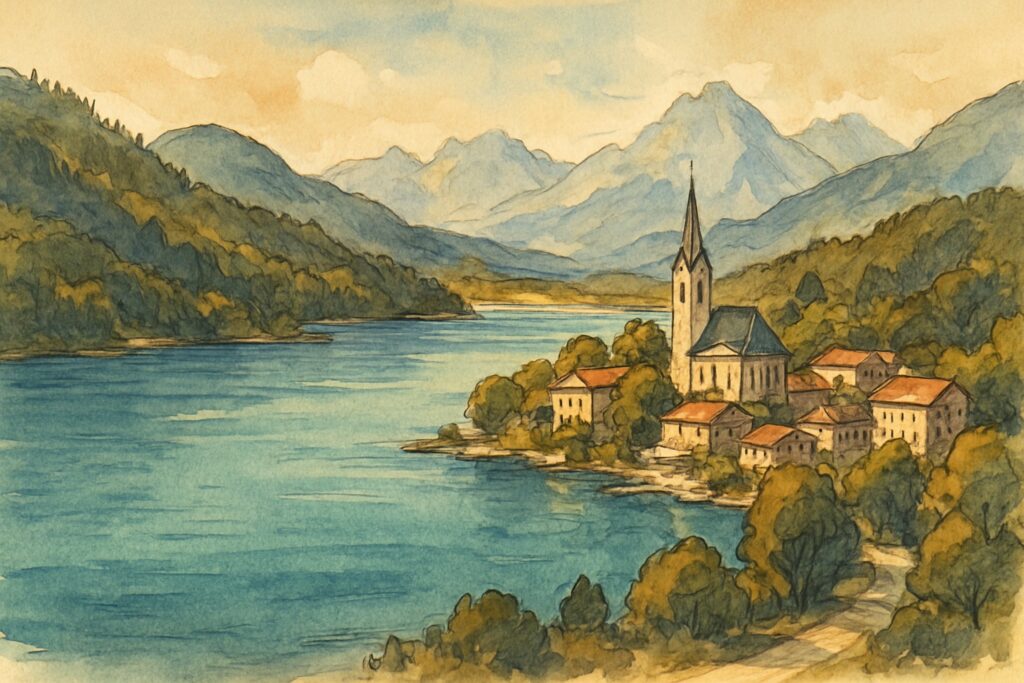 Illustration des türkisen Wörthersees in Kärnten, umgeben von bewaldeten Hügeln und Alpengipfeln