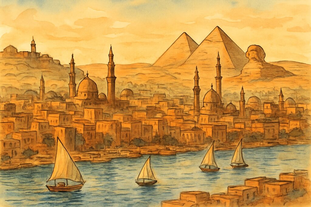 Illustration von Kairo am Nil mit den Pyramiden von Gizeh und der Sphinx, Minaretten und Feluken auf dem Fluss
