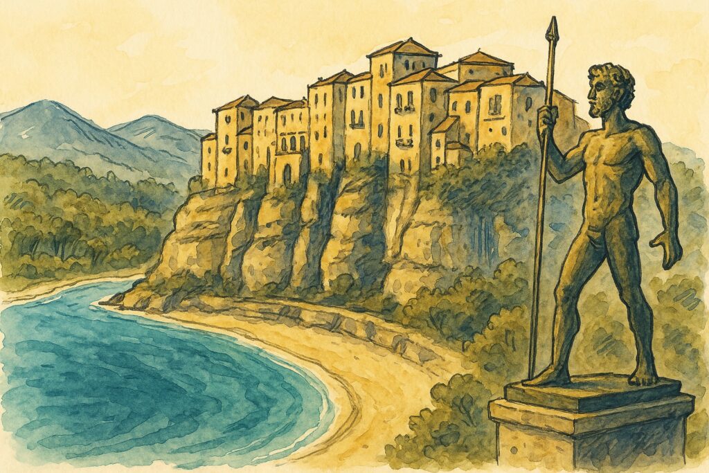 Handgezeichnete Illustration der Klippenstadt Tropea über einem türkisen Strand mit den Sila-Bergen