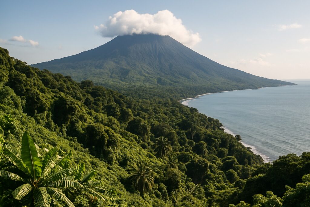 Der Mount Cameroon, der sich über den üppig grünen tropischen Hängen und der Atlantikküste bei Buea in Kamerun erhebt, der wolkenverhangene Vulkan über dem Land