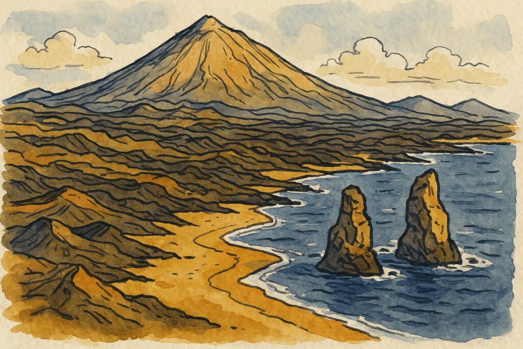 Illustration der Kanarischen Inseln mit dem Vulkan Teide, Dünen und Lavalandschaften