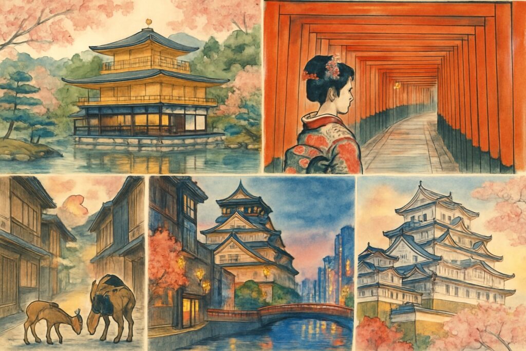 Illustration der Region Kansai mit dem Goldenen Pavillon Kinkaku-ji in Kyoto, dem Torii-Tunnel von Fushimi Inari, dem Osaka-Schloss, den Rehen von Nara und der weißen Himeji-Burg, Japan