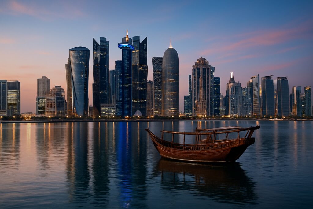 Die moderne Skyline der West Bay in Doha, Katar, zur blauen Stunde, glänzende Wolkenkratzer spiegeln sich im ruhigen Wasser der Bucht, im Vordergrund eine traditionelle hölzerne Dhau