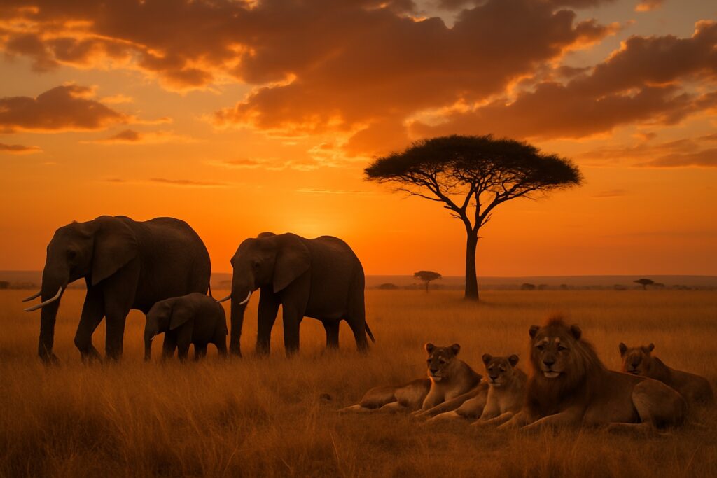 Eine Elefantenherde in der goldenen Savanne der Masai Mara in Kenia bei Sonnenuntergang, eine einzelne Schirmakazie vor warmem orangefarbenem Himmel