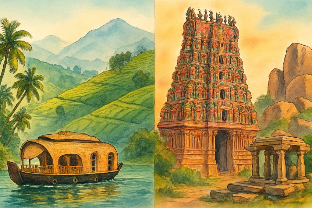 Illustration von Südindien mit einem Hausboot auf den Backwaters Keralas, den Teeterrassen von Munnar, einem bunten Tempelturm in Tamil Nadu und den Ruinen von Hampi, Indien