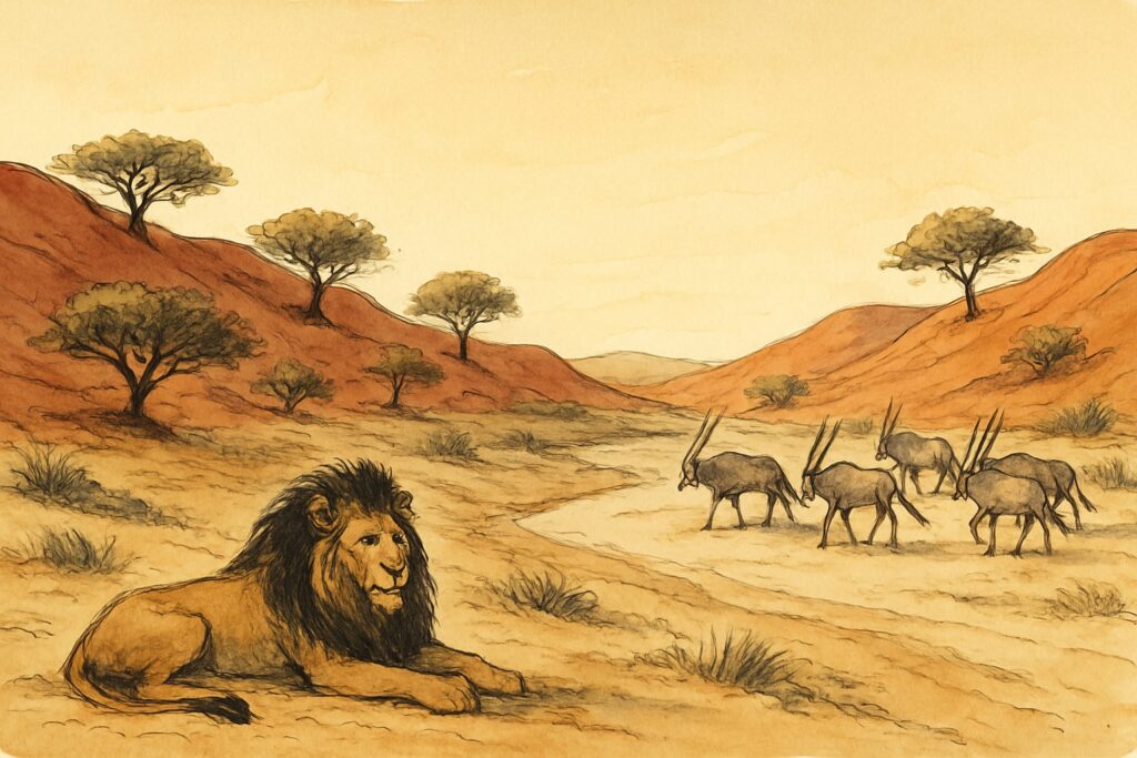 Illustration roter Kalahari-Dünen mit schwarzmähnigem Löwen und Oryx-Antilopen im Kgalagadi, Nordkap