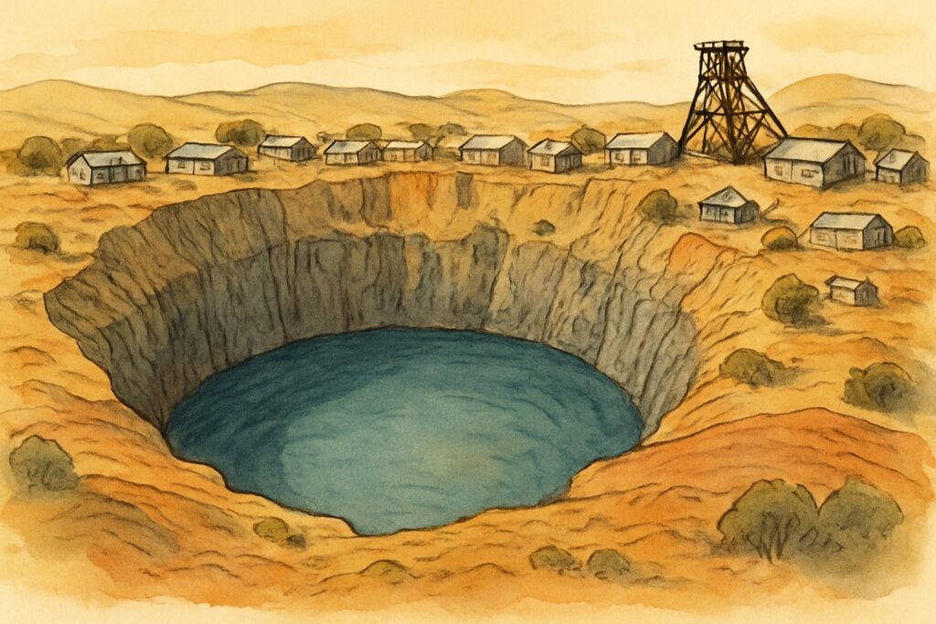 Illustration des Big Hole, der riesigen Diamantenmine mit türkisfarbenem Wasser, und der historischen Bergbaustadt Kimberley, Nordkap