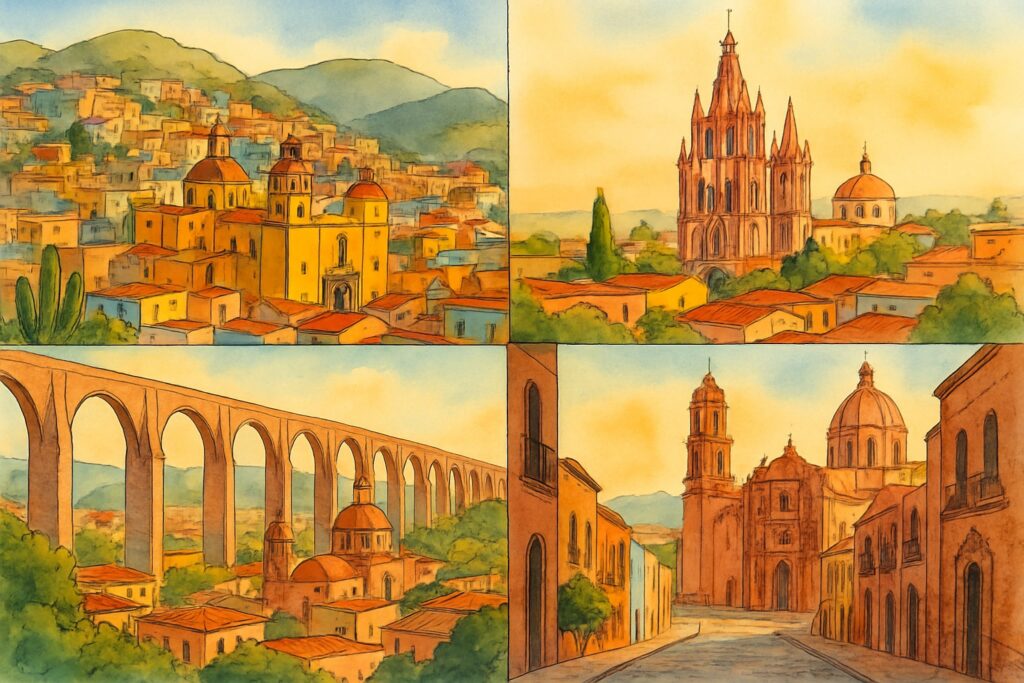 Illustration der Kolonialstädte des Bajío in Mexiko mit den bunten Häusern und der gelben Basilika von Guanajuato, der rosa Kirche La Parroquia von San Miguel de Allende, den Aquädukt-Bögen von Querétaro und den silbernen Gassen von Zacatecas, Mexiko