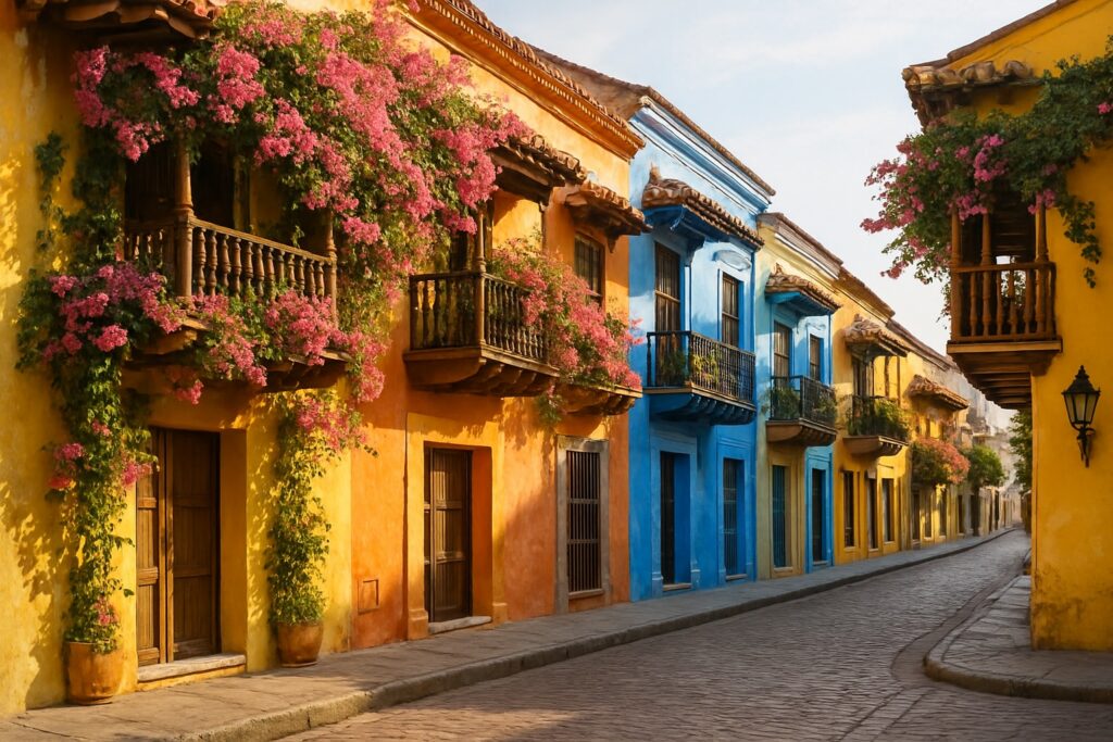 Eine bunte Kolonialgasse in der Altstadt von Cartagena, Kolumbien, mit farbig bemalten Fassaden und mit Bougainvillea geschmückten Holzbalkonen