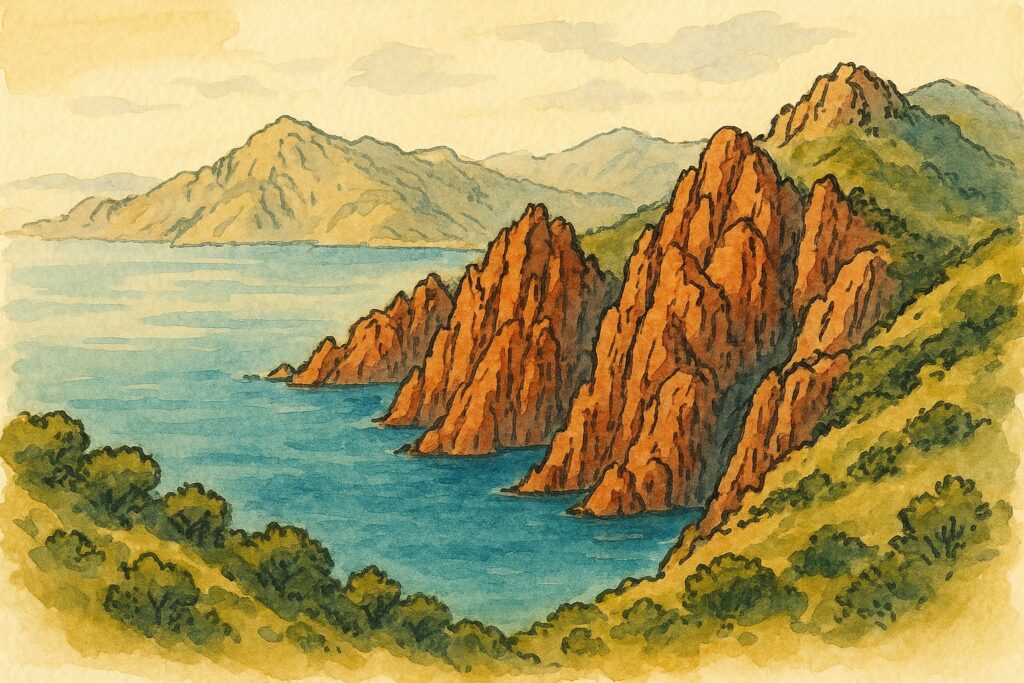 Handgezeichnete Illustration der roten Calanques de Piana über dem Mittelmeer auf Korsika
