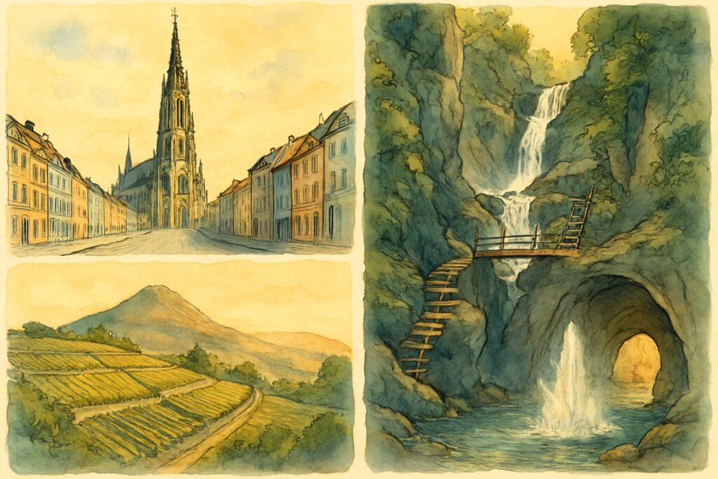 Illustration des Doms der Heiligen Elisabeth in Košice, einer Karstschlucht mit Wasserfällen im Slowakischen Paradies, terrassierter Weinberge und einer Tropfsteinhöhle mit Kaltwasser-Geysir
