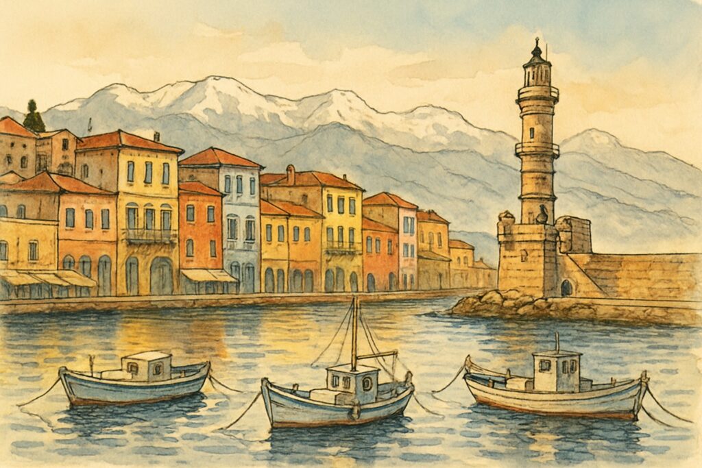 Illustration von Kreta mit dem venezianischen Hafen von Chania, dem Palast von Knossos, den Weißen Bergen und dem türkisen Wasser von Balos