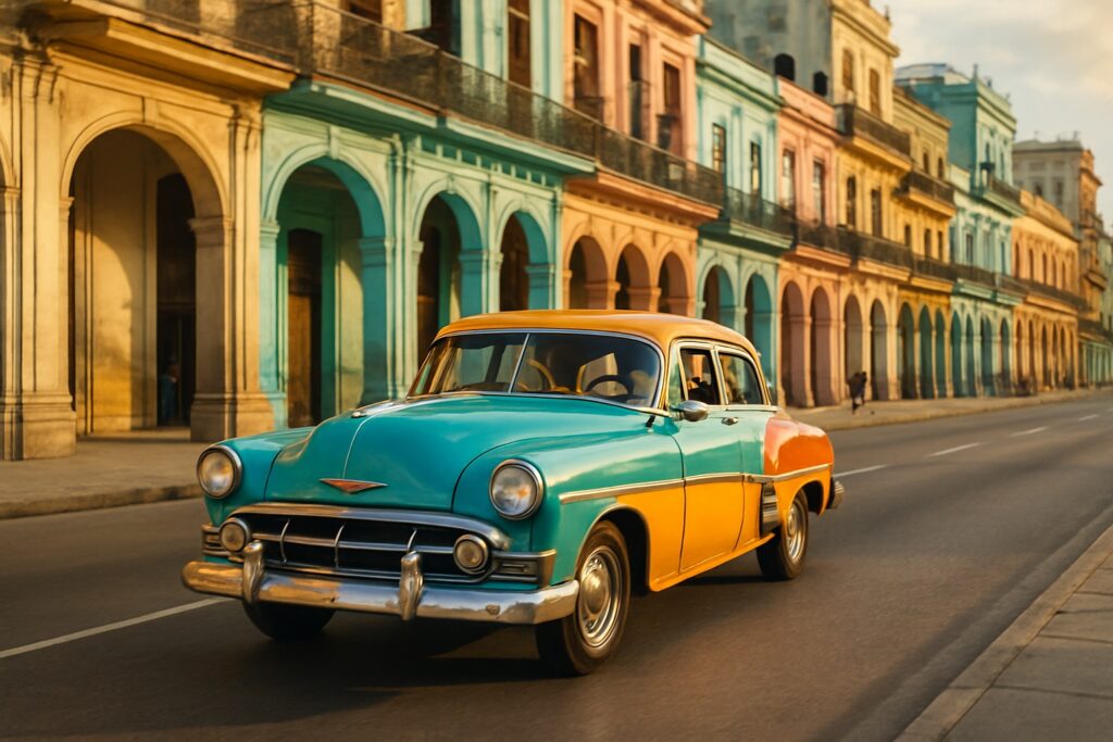 Ein bunter amerikanischer Oldtimer der 1950er-Jahre fährt durch eine Straße der Altstadt von Havanna, Kuba, gesäumt von pastellfarbenen Kolonialbauten