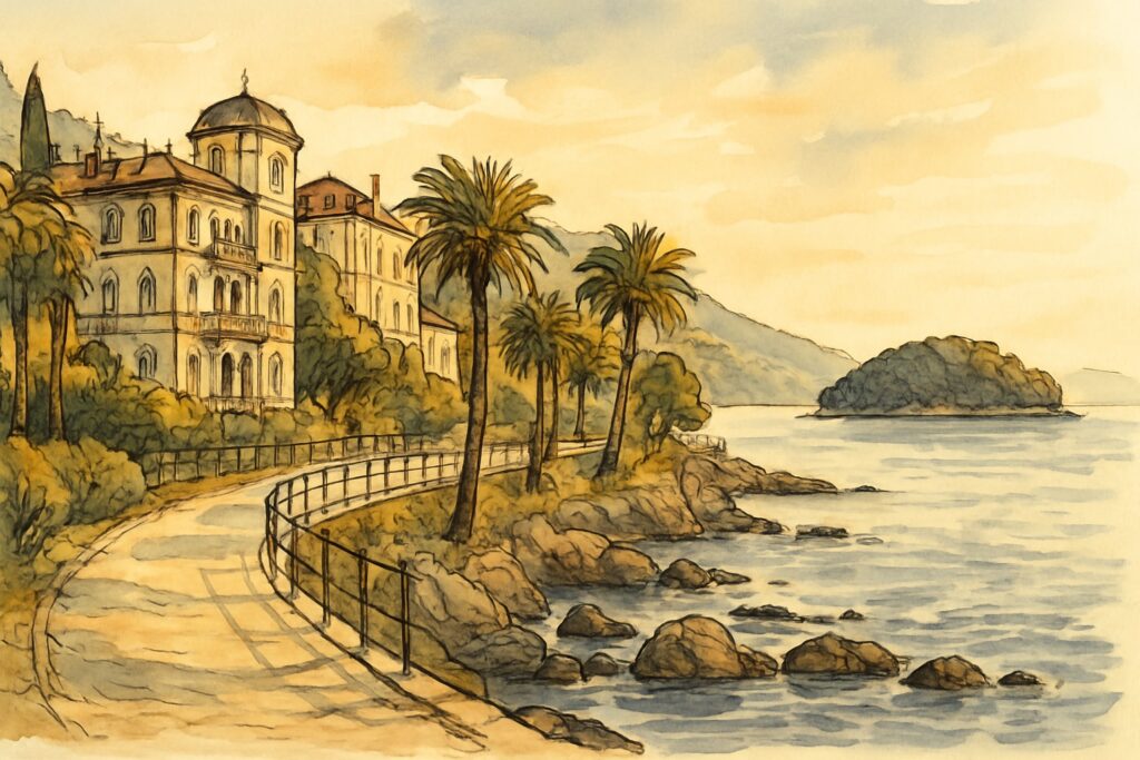 Illustration der Kvarner-Bucht mit der Belle-Époque-Riviera von Opatija, dem Hafen von Rijeka und den Inseln Krk, Cres und Rab