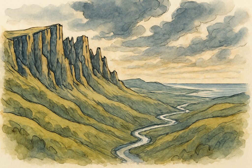 Illustration der Drakensberge über grünen Vorbergen, KwaZulu-Natal
