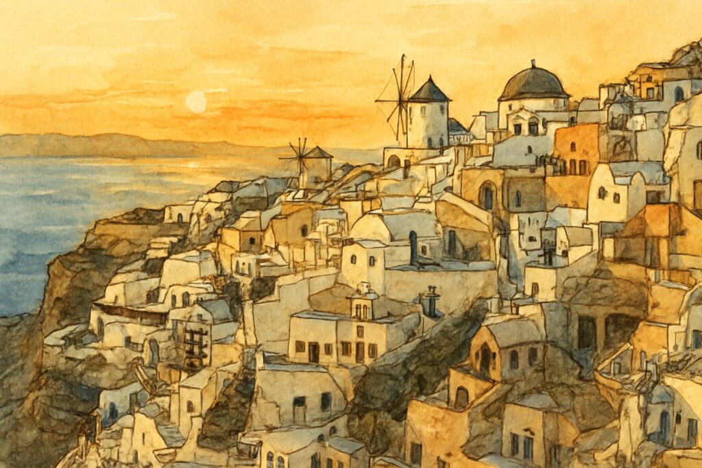 Illustration der Kykladen mit weißen Kubushäusern und blauen Kuppeln über der Caldera von Santorini und Windmühlen von Mykonos in der Ägäis