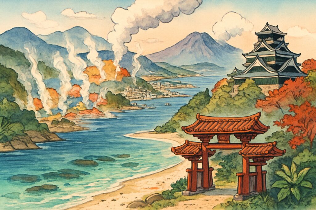 Illustration von Kyushu und Okinawa mit den dampfenden Höllen von Beppu, dem rauchenden Vulkan Aso, dem Kumamoto-Schloss, dem Hafen von Nagasaki und einem türkisen subtropischen Strand auf Okinawa, Japan