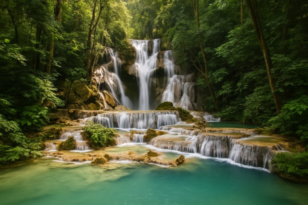 Die türkisfarbenen Kaskaden der Kuang-Si-Wasserfälle bei Luang Prabang in Laos, mineralblaue Becken inmitten üppig grünen tropischen Dschungels