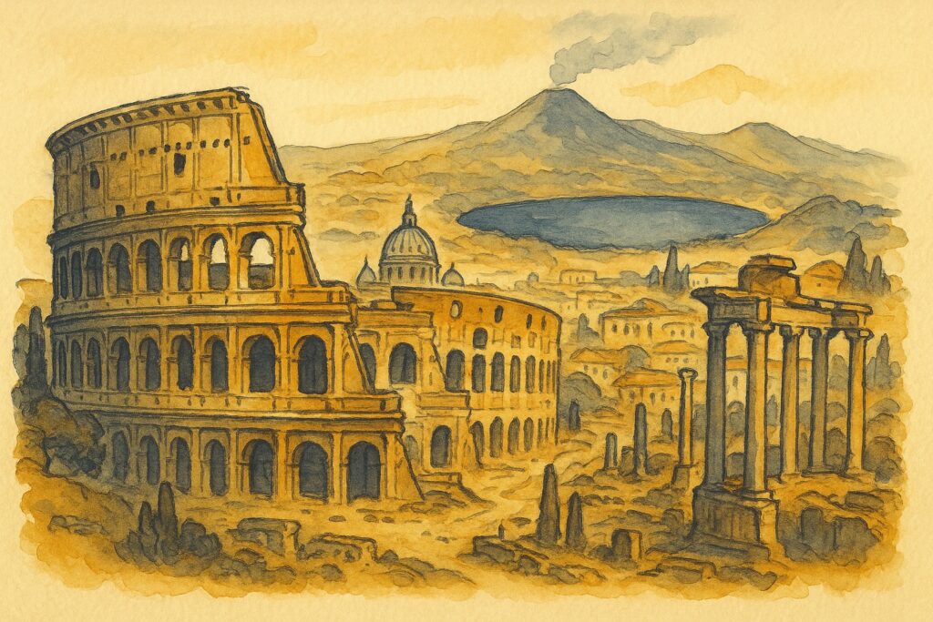 Handgezeichnete Illustration des Kolosseums und des Forum Romanum mit der Kuppel des Petersdoms