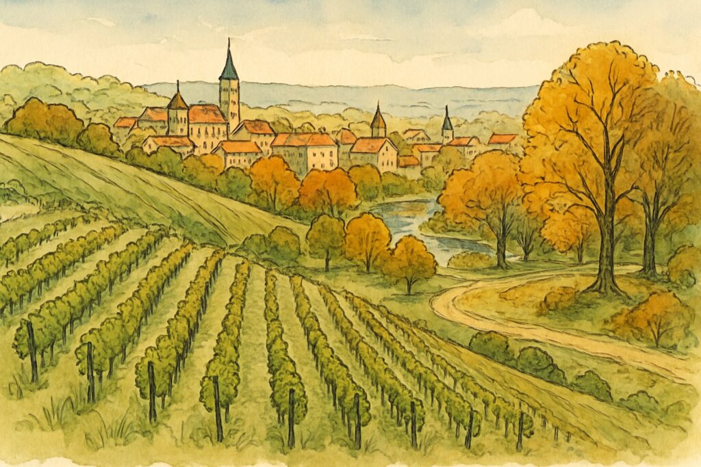 Illustration grüner Weinberge über Grünberg (Zielona Góra) mit Landschaftspark