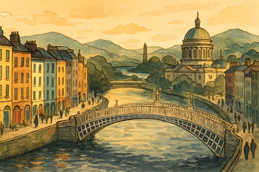 Illustration von Dublin mit georgianischen Türen und Liffey-Brücke sowie den Wicklow Mountains mit Glendalough
