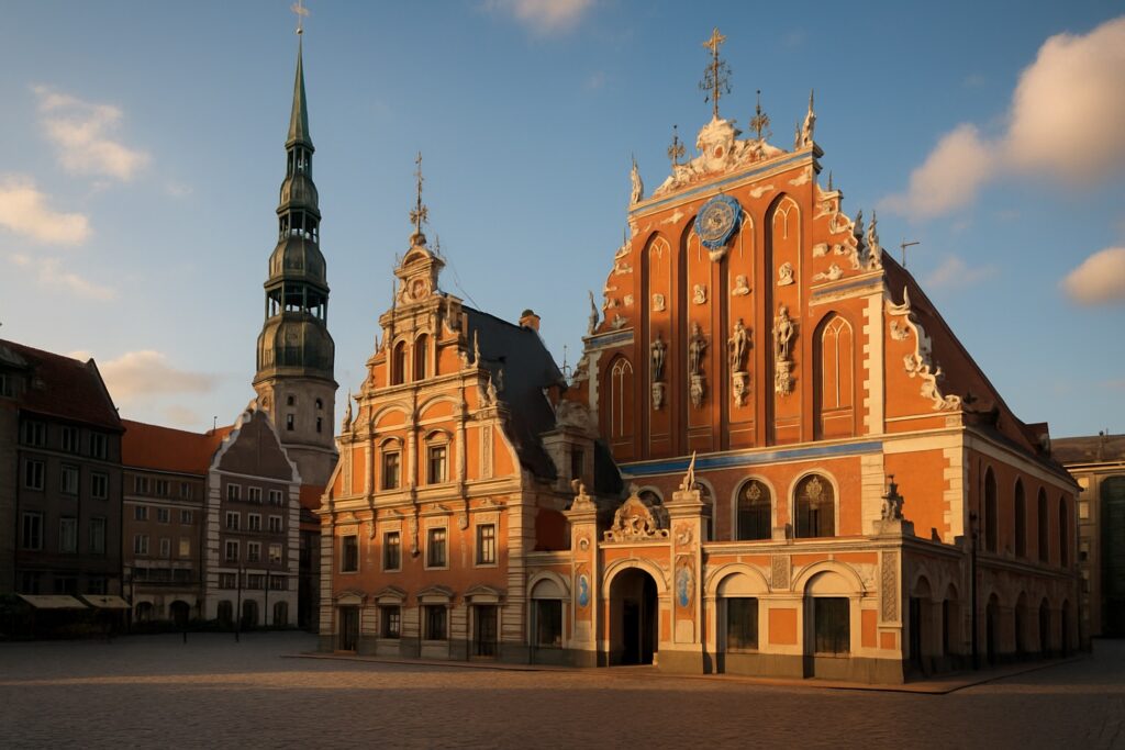 Die Altstadt von Riga, Lettland, das prächtige Schwarzhäupterhaus am Rathausplatz und der hohe Turm der Petrikirche im warmen Abendlicht