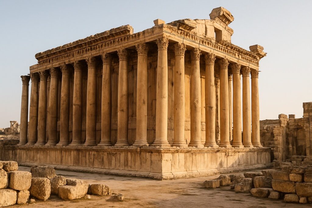 Der römische Bacchus-Tempel von Baalbek im Libanon, seine hohen verwitterten Steinsäulen vor klarem Himmel im warmen Nachmittagslicht