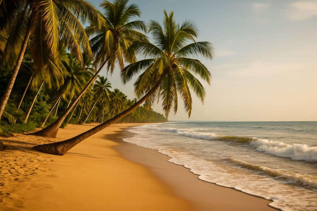 Ein palmengesäumter goldener Atlantikstrand bei Robertsport in Liberia, hohe Kokospalmen über dem Sand und sanfte Brandung unter hellem Himmel