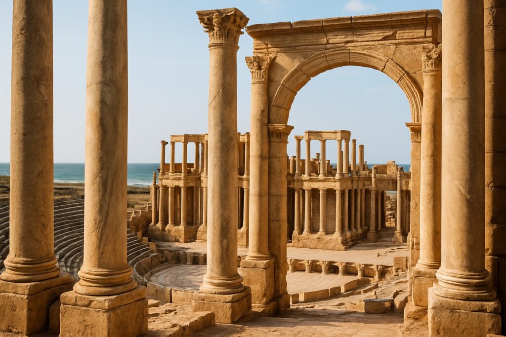 Die römischen Ruinen von Leptis Magna in Libyen, mächtige Marmorsäulen, Bögen und das Theater der antiken Stadt nahe der Mittelmeerküste, historisch und würdevoll