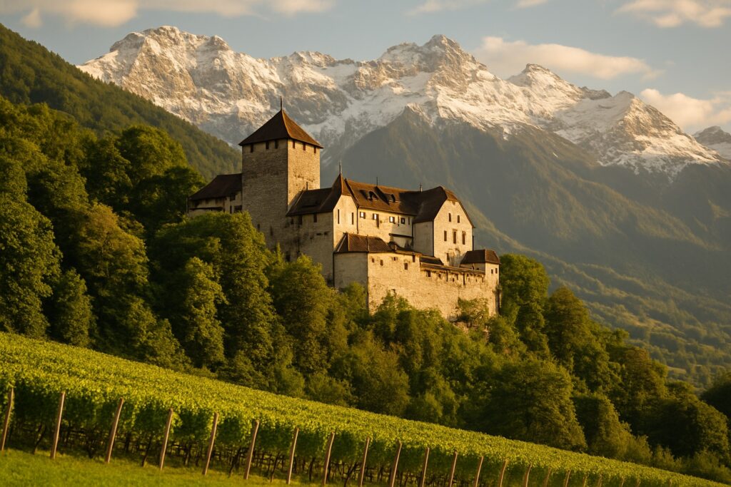 Das Schloss Vaduz auf einem bewaldeten Hügel über dem Rheintal in Liechtenstein, Weinberge an den Hängen und schneebedeckte Alpengipfel im Hintergrund