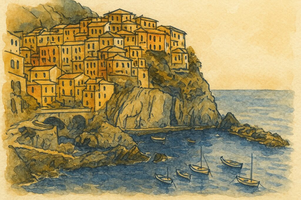 Handgezeichnete Illustration der bunten Häuser der Cinque Terre über dem Meer mit dem Hafen von Portofino