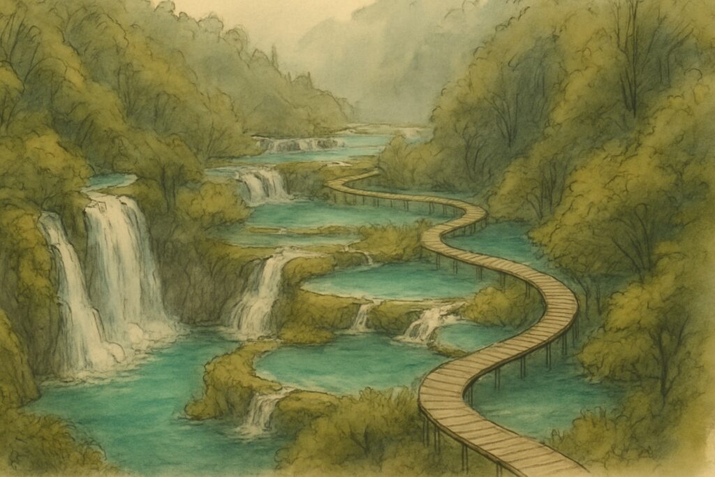Illustration der Plitvicer Seen mit türkisen Terrassenseen und Wasserfällen, dem Mühlendorf Rastoke und den Bergen des Velebit in Lika