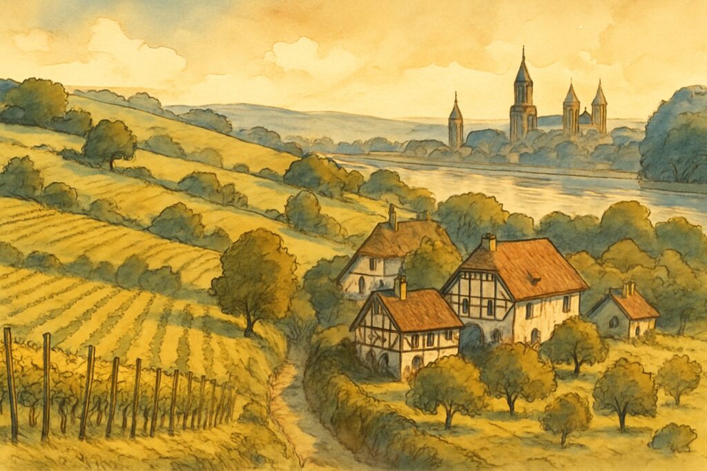 Illustration der Hügel und Weinberge von Zuid-Limburg mit Fachwerkhöfen und den Türmen Maastrichts