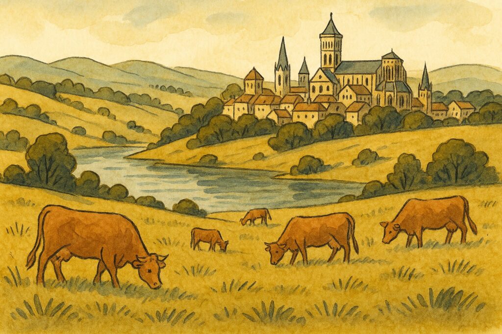 Handgezeichnete Illustration der Porzellanstadt Limoges mit grünen Hügeln und Limousin-Rindern