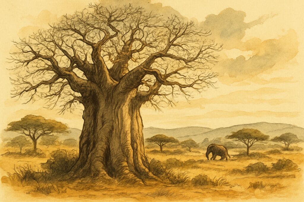 Illustration einer Baobab-Landschaft mit Elefanten im nördlichen Krüger-Bushveld, Limpopo