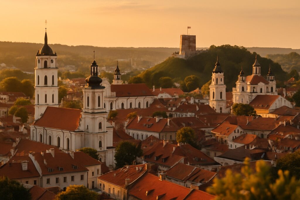 Die barocke Altstadt von Vilnius in Litauen, vom Hügel der Drei Kreuze aus gesehen, ein Meer aus Kirchtürmen und roten Dächern mit dem Gediminas-Turm bei Sonnenuntergang