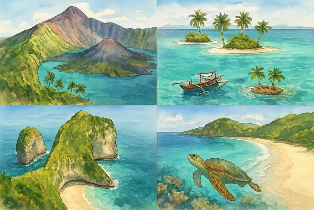 Illustration von Lombok und den Gili-Inseln mit dem Vulkan Rinjani und seinem Kratersee, drei kleinen palmenbestandenen Koralleninseln in türkisem Wasser mit einem Auslegerboot, den dramatischen Klippen und dem Riff von Nusa Penida mit einer Meeresschildkröte und den weißen Stränden von Kuta Lombok, Indonesien